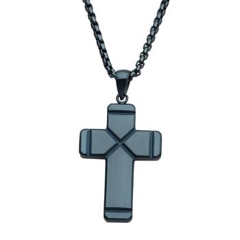  Blue IP Ridged Compact Cross Pendant With Cobalt Blue Box Chain
