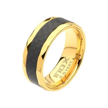  8mm 18K Gold IP Carbon Fiber Faceted Comfort Fit Ring