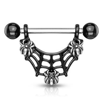  3 Spiders On Black IP Spider Web Dangle 316L Surgical Steel Nipple Ring