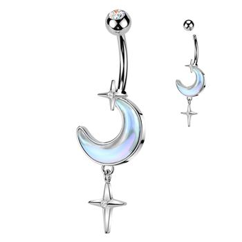  316L Surgical Steel Aurora Borealis Crescent Moon With CZ Star Dangle Navel Ring