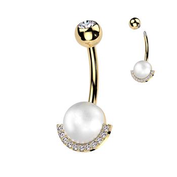  316L Surgical Steel Navel Ring With Pearl And Half CZ Rim Edge