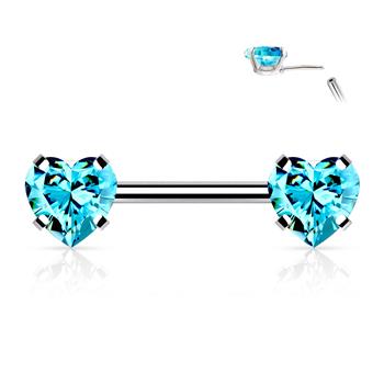  316L Surgical Steel Threadless Push in Nipple Barbell With Prong Set Heart CZ Ends