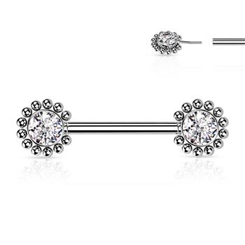  316L Surgical Steel Threadless Push in Nipple Barbell With Beaded Ball Edge And CZ Center On Each Side