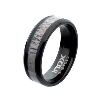  8mm Black IP Deer Antler Inlay Comfort Fit Ring