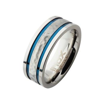  8mm Hammered Steel Center Comfort Fit With Thin Blue IP Lines Ring