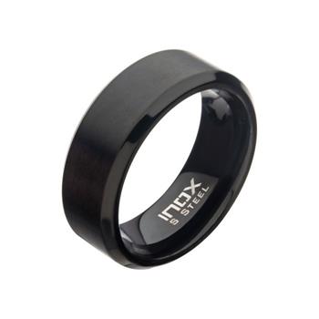  8mm Matte Finish Black IP Steel Beveled Comfort Fit Ring