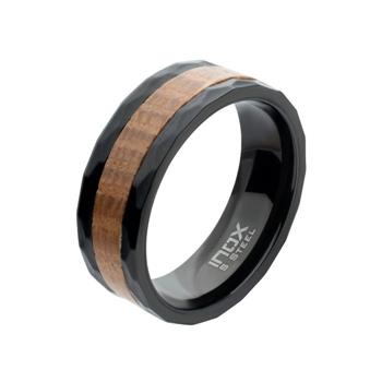  8mm Whiskey Barrel Wood Inlay Black IP Steel Comfort Fit Ring