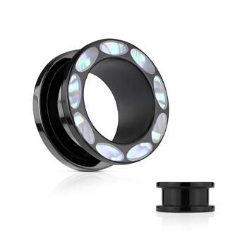  Abalone Inlaid Rim Black Acrylic Screw Fit Flesh Tunnels
