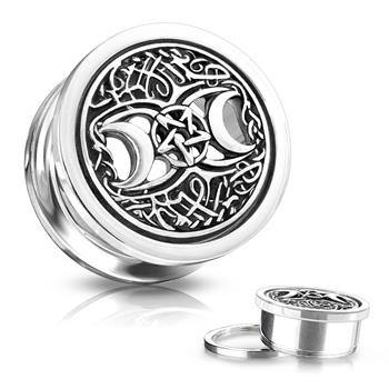  Antique Silver Plated Two Crescent Moons And Star Center 316L Surgical Steel Screw Fit Flesh Tunnel Plug