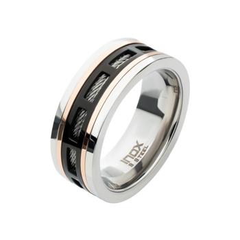  Black & Rose Gold IP Steel Window With Cable Inlay Comfort Fit Ring