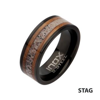  Black IP Stainless Steel Deer Antler Sapele Wood Inlay Stag Comfort Fit Ring