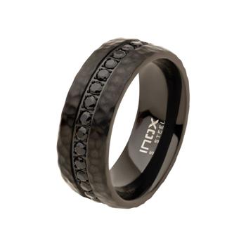  Black IP With CNC Set Black CZ Hammered Ring