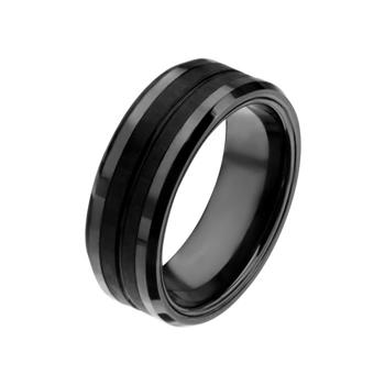  Black IP With Double Line Solid Carbon Fiber Ring