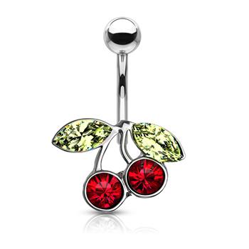  Cherry CZ Set 316L Steel Navel Ring With Rhodium Plated Over Brass