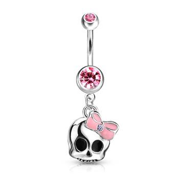  Cute Skull With Paved Gem And Epoxy Bow 316L Surgical Steel Navel Ring