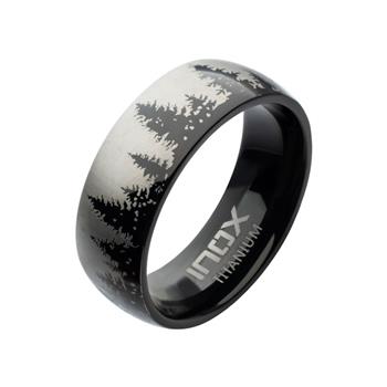  Evergreen Forest Treeline Design Black IP Titanium Comfort Fit Ring