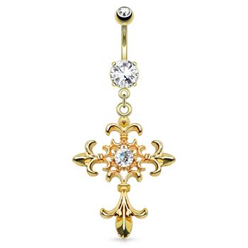  Fleur de Lys Cross With Centered Clear Gem Dangle 14kt Gold Plated Navel Ring