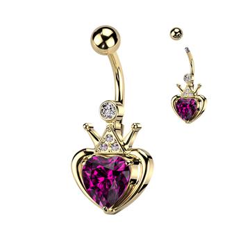  Gold PVD Over 316L Surgical Steel Navel Ring With Crown And Pink Gem Heart