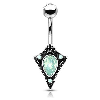  Green Opalite Crystal Set Tribal Shield 316L Surgical Steel Navel Ring