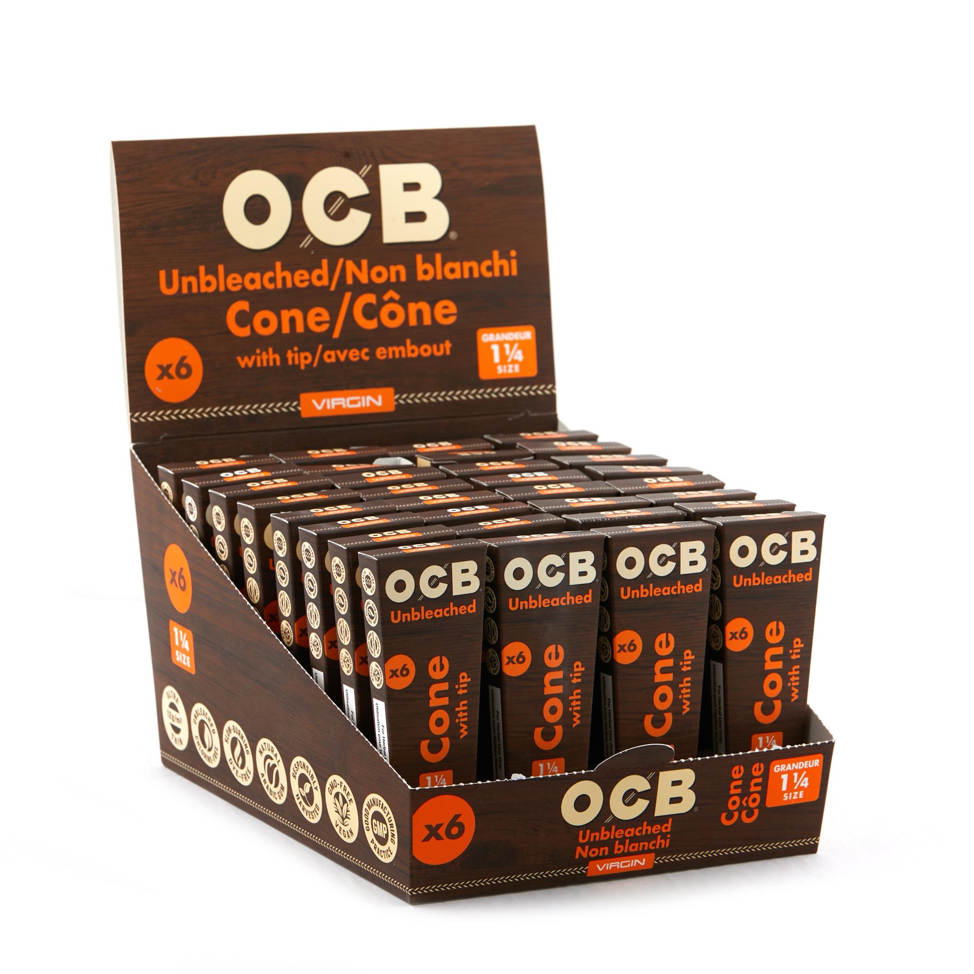 OCB VIRGIN UNBLEACHED 1/4 CONES 6 PACK