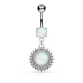  Opal Glitter Set Crystal Paved Round Shield Dangle Surgical Steel Navel Ring