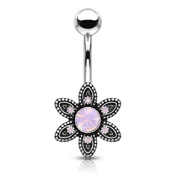  Pink Opalite Crystal Paved Flower 316L Surgical Steel Navel Ring