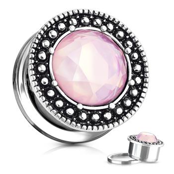  Pink Stone Centered Burnish Finish Shield Front 316L Surgical Steel Screw Fit Flesh Tunnel Plug