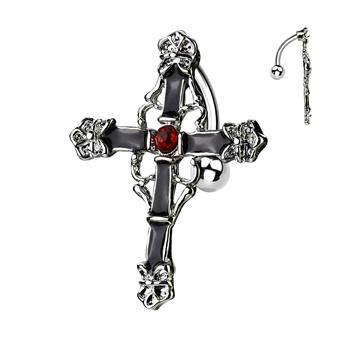  Rhodium Plated Top Drop Navel Ring, Black Enamel Colored Cross With Red Gem Center