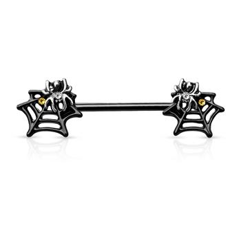  Spider On Web With Yellow And Clear Crystals 316L Surgical Steel Nipple Barbell