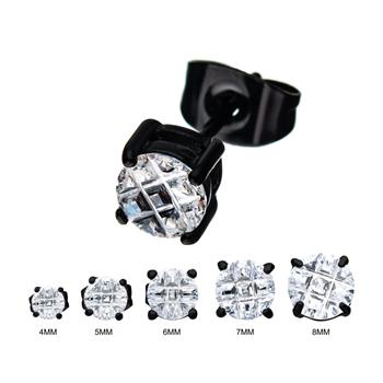  Stainless Steel & Black IP With Hashtag CZ Round Cut Stud Earrings