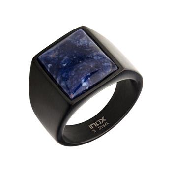  Stainless Steel Matte Black Plated Signet With Polished Sodalite Ring