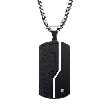  Stainless Steel Thin Line Crocodile Dog Tag Pendant With 2mm Clear CZ & Steel Chain