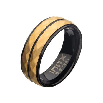  Stainless Steel With Mattew Black & Gold IP Double Hammered Ring