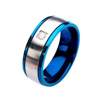  Steel And Blue IP With Clear CZ Polished Ring