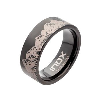  Titanium Black IP With Mountain Ridge Landscape Design Comfort Fit Ring
