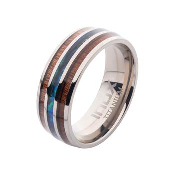  Titanium Wood & Shell Inlay Ring